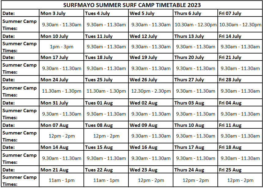 001_Surfmayo Surf Camp Timetable 2023